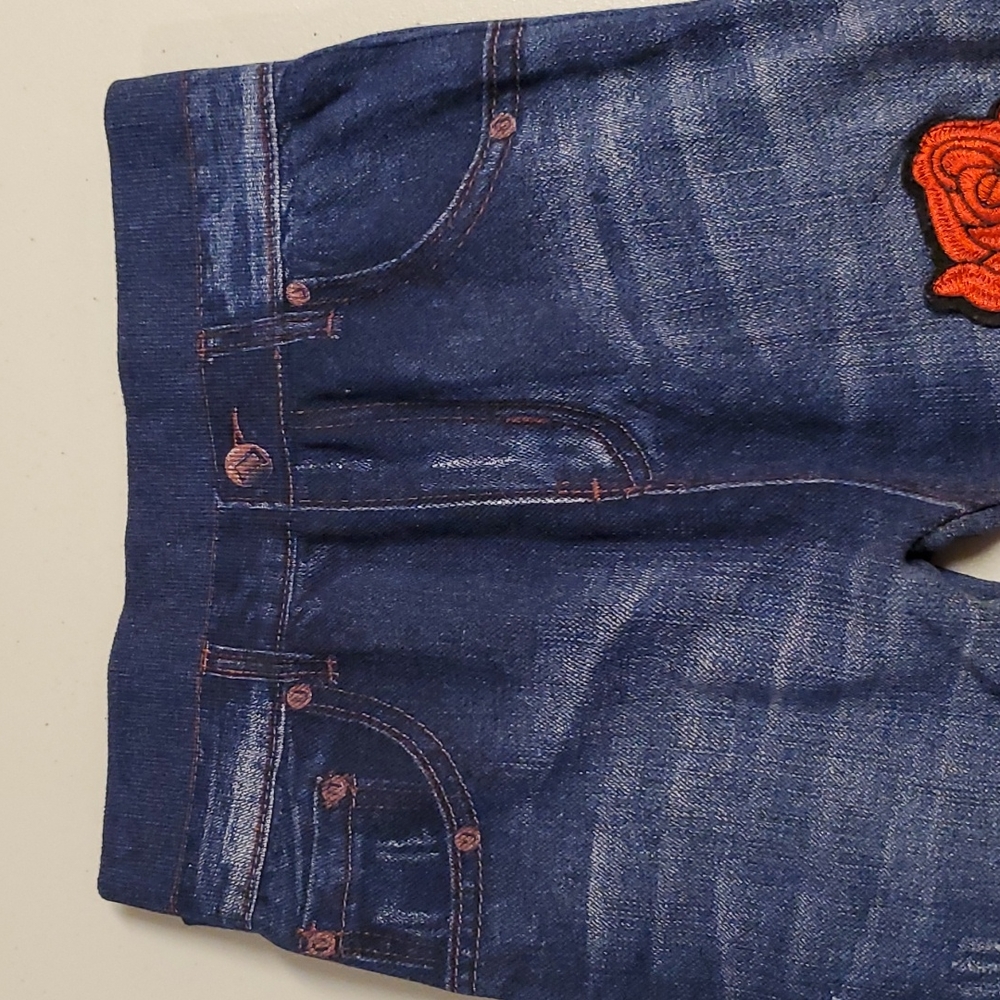 Faux denim jegging leggings rose applique detail OS fits up to a 10 comfortably - Picture 3 of 10